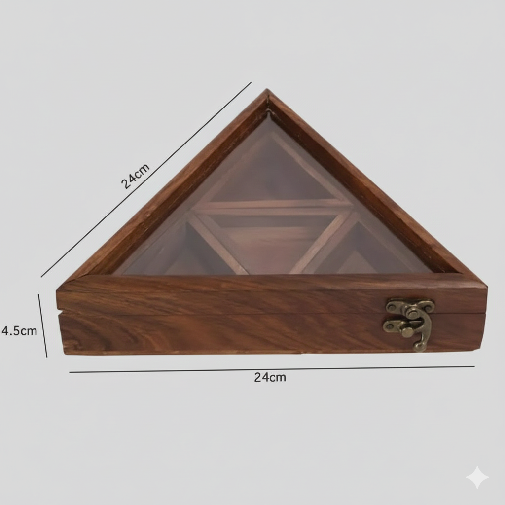Unique Triangle Wooden Masala Box with 4 Compartments & Glass Lid