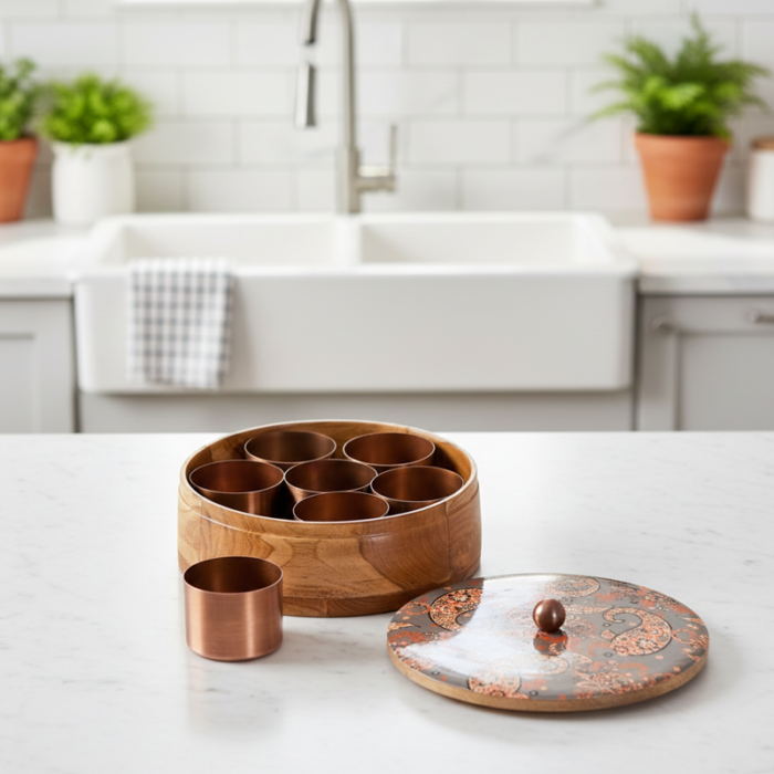 Round Wooden Spice Box – Designer Masala Danni with Copper-Tone Insets & 7 Metal Containers