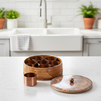 Round Wooden Spice Box – Designer Masala Danni with Copper-Tone Insets & 7 Metal Containers