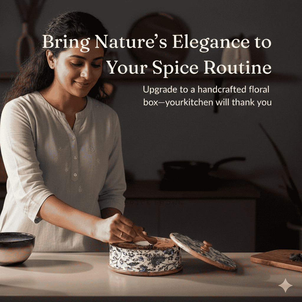 Round Wooden Spice Box with Blue Floral Enamel Art – 7 Metal Spice Jars & Spoon