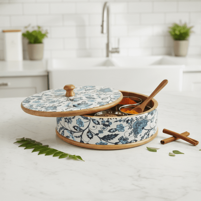 Round Wooden Spice Box with Blue Floral Enamel Art – 7 Metal Spice Jars & Spoon