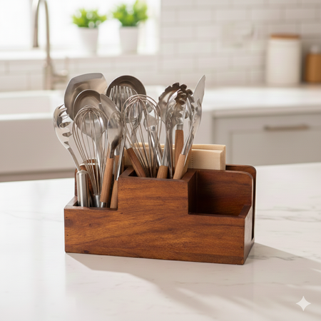Wooden Cutlery Stand with Napkin Holder | Design for Table-3-Compartment