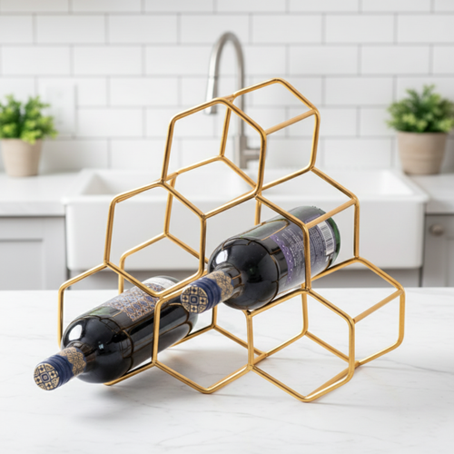 Gold Honeycomb Wine Rack | 6-Bottle Metal Wine Holder for Home Bar