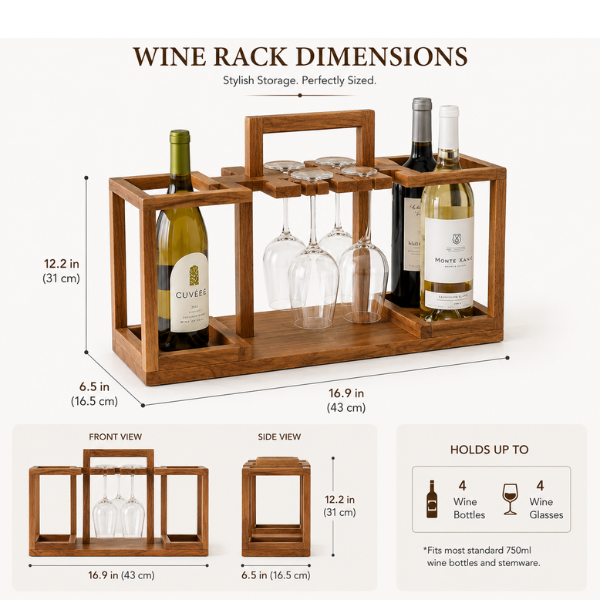 Wooden Wine Rack with Glass Holder | 4-Bottle Wine Storage Stand