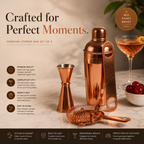 Mixology Four – Copper Cocktail Shaker Set | 4-Piece Bar Tool Set with Jigger & Strainer