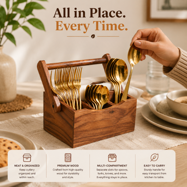Rustic Wooden Cutlery Holder for Kitchen Counter | Spoon & Utensil Organizer Stand