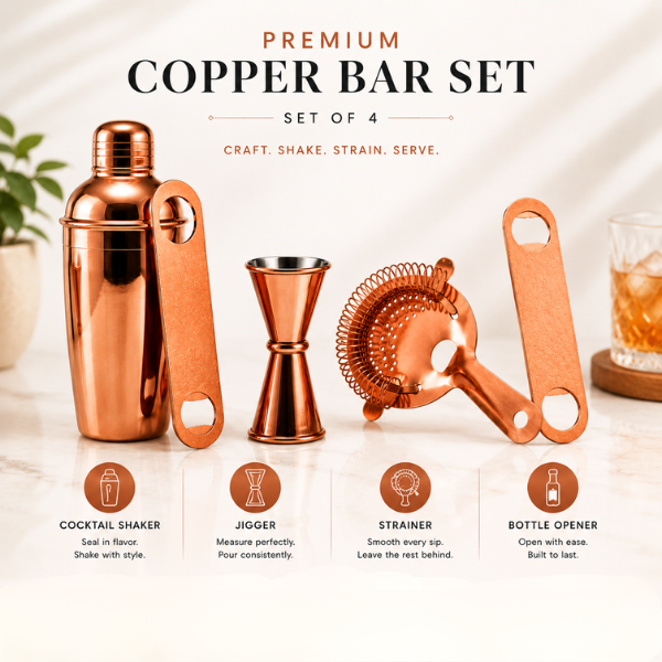 Mixology Four – Copper Cocktail Shaker Set | 4-Piece Bar Tool Set with Jigger & Strainer