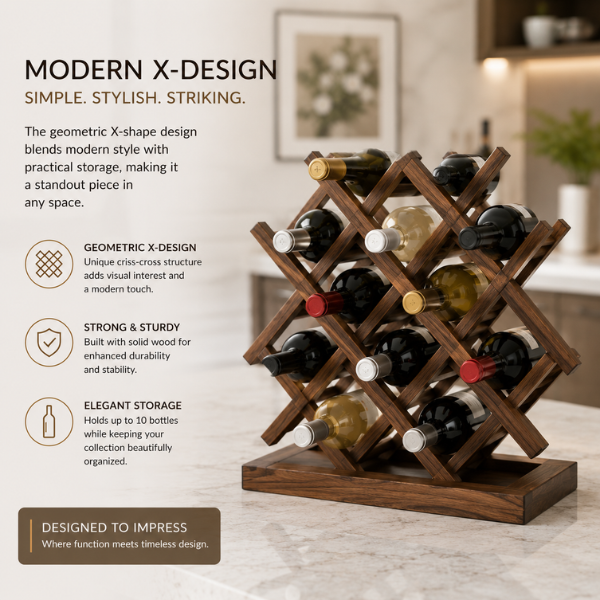 Wooden Wine Rack | 9-Bottle Wine Storage Stand for Home Bar