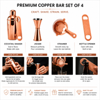 Mixology Four – Copper Cocktail Shaker Set | 4-Piece Bar Tool Set with Jigger & Strainer