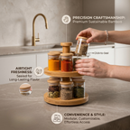 Premium Bamboo & Glass Revolving Masala Rack – 360° Spinning Kitchen Storage with 12 Jars