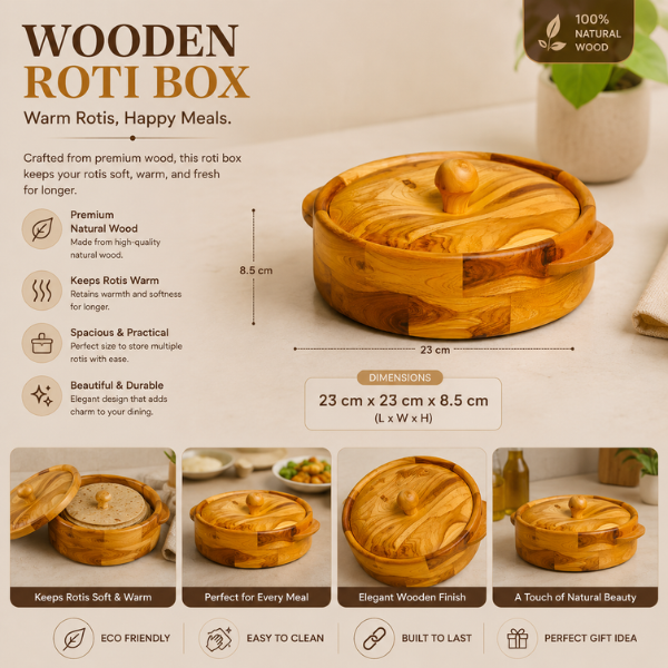 Large Wooden Roti Server – Insulated Hot Pot with Natural Wood Grain Finish