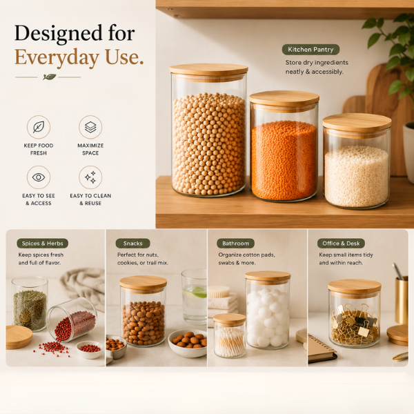 Square Borosilicate Glass Storage Jars – Airtight Food Containers for Pulses, Rice & Grains, Set of 3