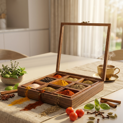 Sheesham Wood Masala Box with 9 Compartments, Glass Lid & Wooden Spoon