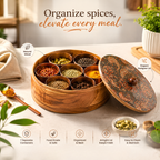 Round Wooden Spice Box – Designer Masala Danni with Copper-Tone Insets & 7 Metal Containers