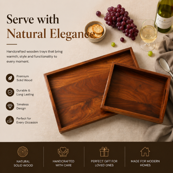 Wooden Serving Tray Set | Premium Snack, Tea & Dining Trays – Set of 2