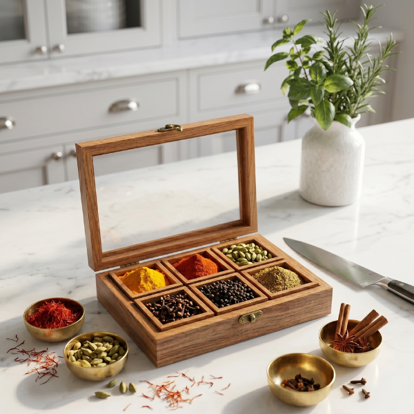 Sheesham Wood Spice Box with 6 Compartments, Glass Lid & Wooden Spoon