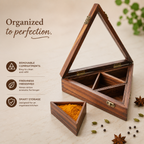 Unique Triangle Wooden Masala Box with 4 Compartments & Glass Lid