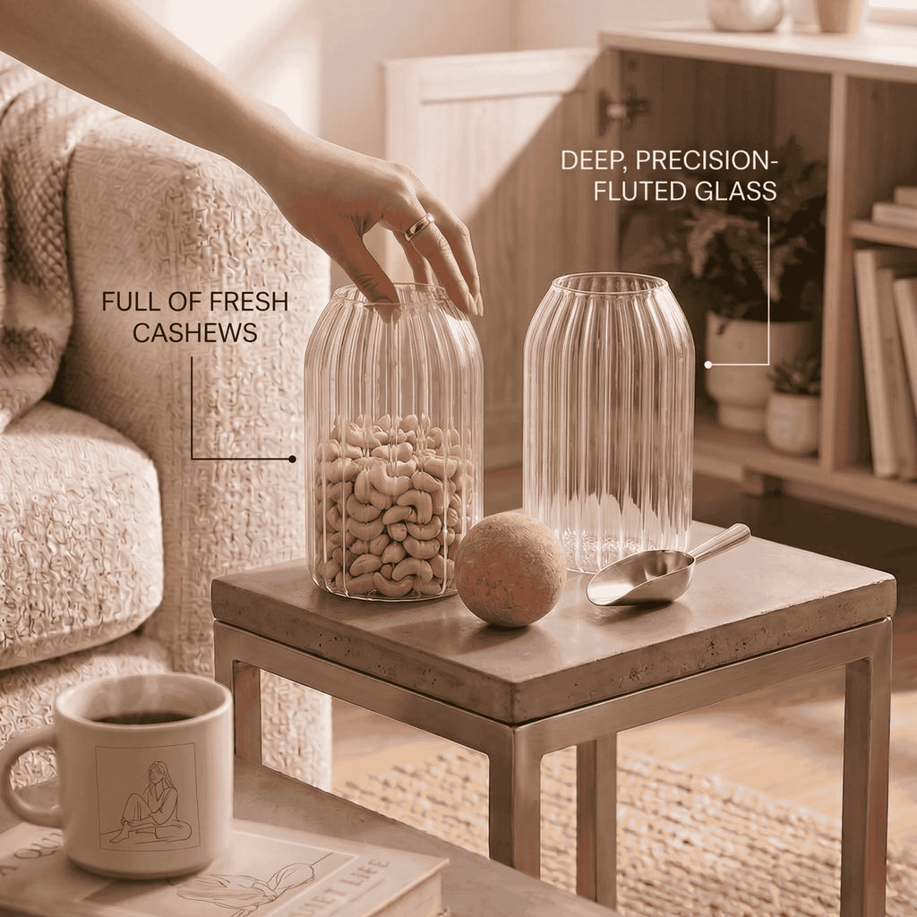 Glass Storage Jars with Cork Lid (Set of 2) | Ribbed Glass Containers for Dry Fruits, Spices & Kitchen Storage