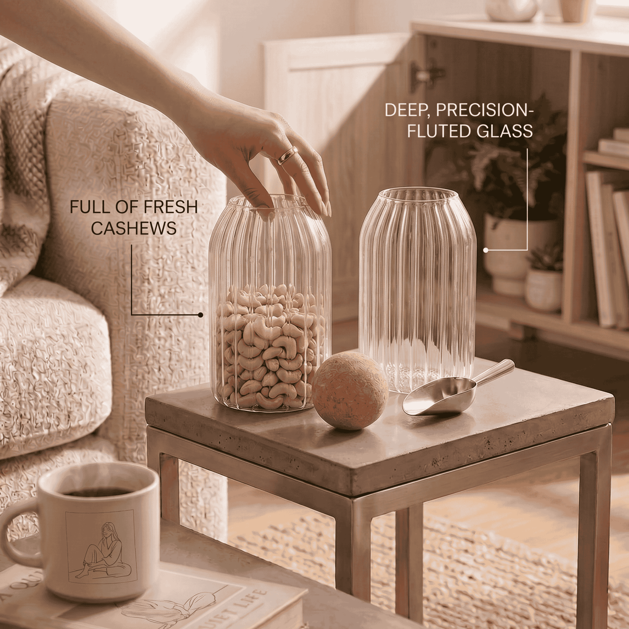 Glass Storage Jars with Cork Lid (Set of 2) | Ribbed Glass Containers for Dry Fruits, Spices & Kitchen Storage