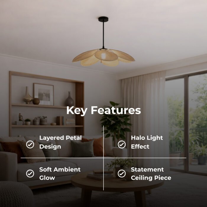 SkyHalo Pendant Lamp – Woven Rattan Petal Pendant Ceiling Light