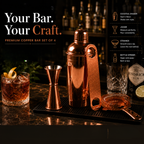 Mixology Four – Copper Cocktail Shaker Set | 4-Piece Bar Tool Set with Jigger & Strainer