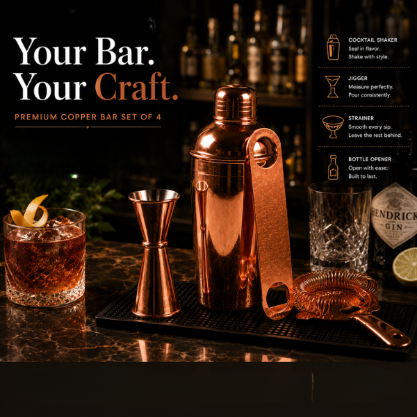 Mixology Four – Copper Cocktail Shaker Set | 4-Piece Bar Tool Set with Jigger & Strainer