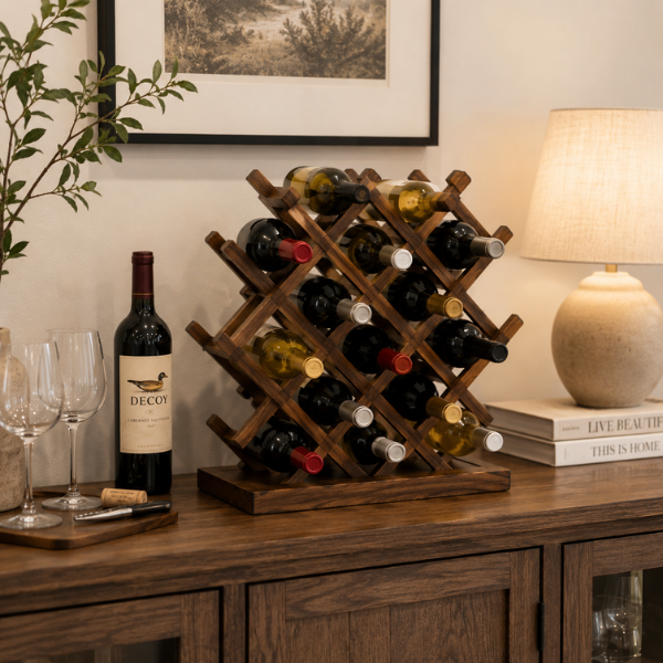 Wooden Wine Rack | 9-Bottle Wine Storage Stand for Home Bar