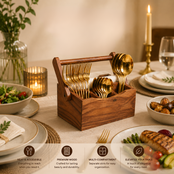 Rustic Wooden Cutlery Holder for Kitchen Counter | Spoon & Utensil Organizer Stand