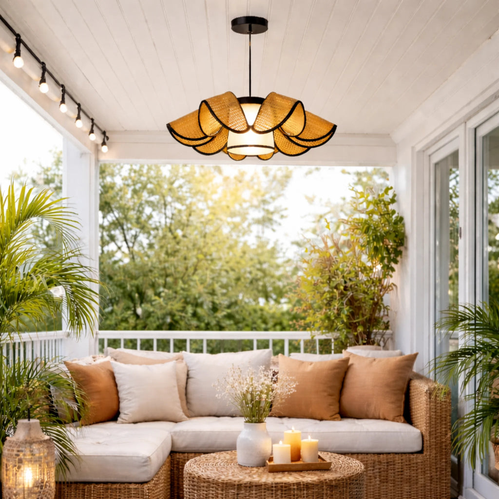 Large Rattan Bloom Pendant Ceiling Light – Modern Designer Hanging Lamp