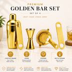 Mixology Four – Gold Cocktail Shaker Set | 4-Piece Bar Tool Set with Jigger & Strainer