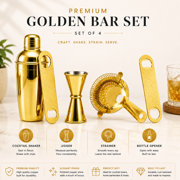 Mixology Four – Gold Cocktail Shaker Set | 4-Piece Bar Tool Set with Jigger & Strainer