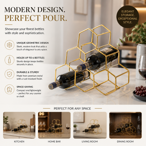 Gold Honeycomb Wine Rack | 6-Bottle Metal Wine Holder for Home Bar
