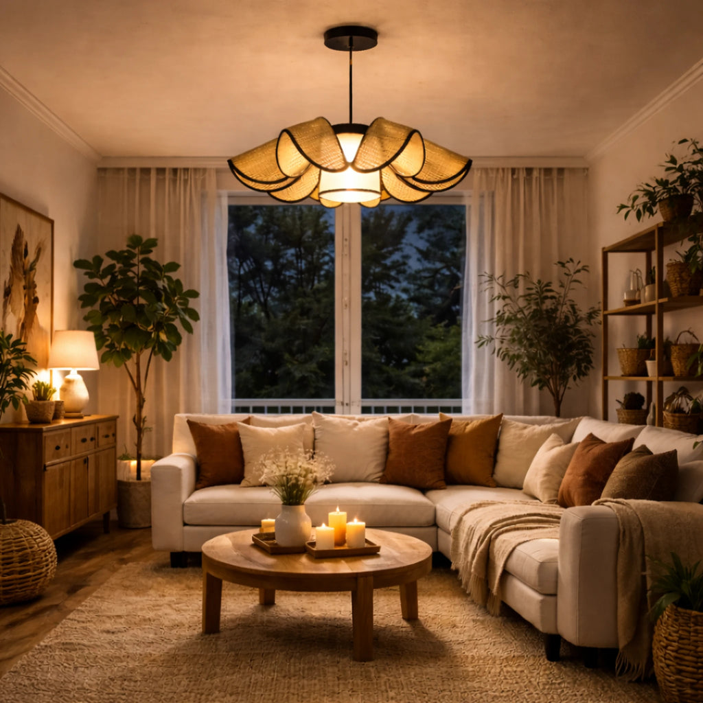 Large Rattan Bloom Pendant Ceiling Light – Modern Designer Hanging Lamp