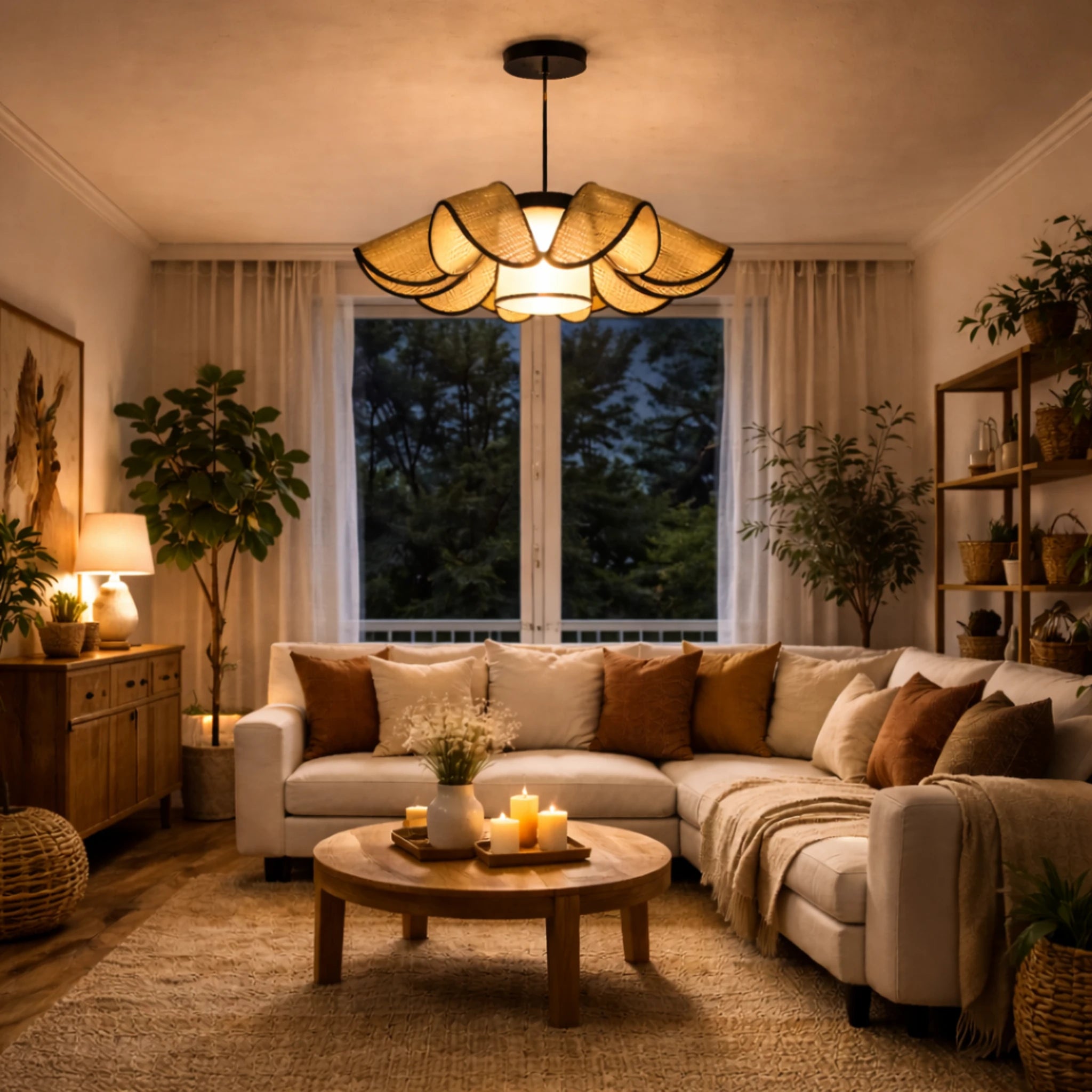 Large Rattan Bloom Pendant Ceiling Light – Modern Designer Hanging Lamp