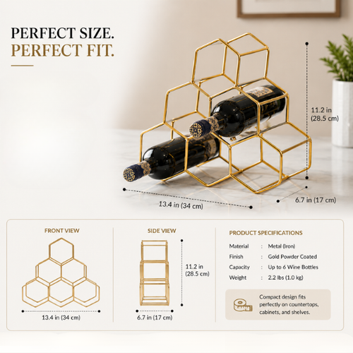 Gold Honeycomb Wine Rack | 6-Bottle Metal Wine Holder for Home Bar