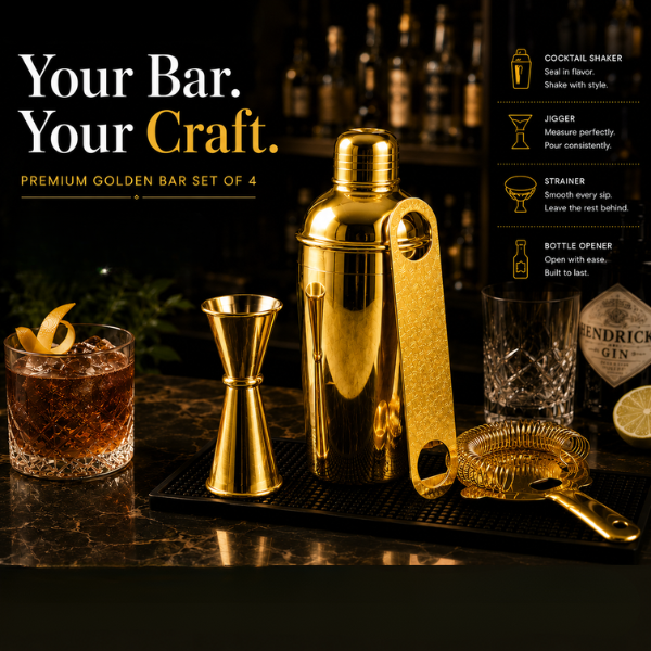 Mixology Four – Gold Cocktail Shaker Set | 4-Piece Bar Tool Set with Jigger & Strainer