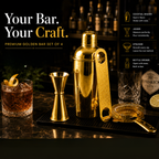 Mixology Four – Gold Cocktail Shaker Set | 4-Piece Bar Tool Set with Jigger & Strainer