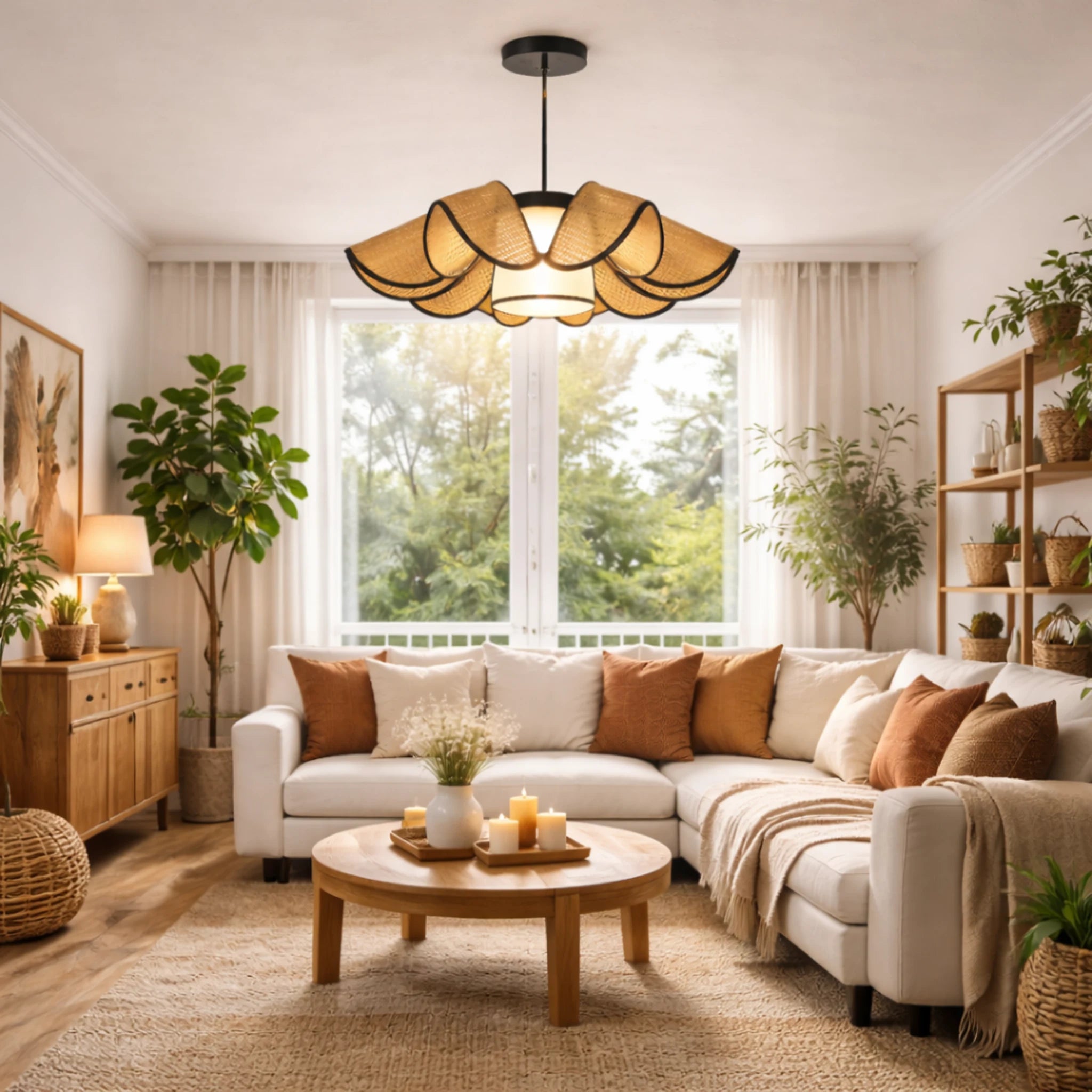 Large Rattan Bloom Pendant Ceiling Light – Modern Designer Hanging Lamp