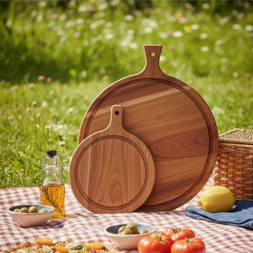 Wooden Pizza & Charcuterie Board Set of 2 with Handle | Solid Wood Serving Boards