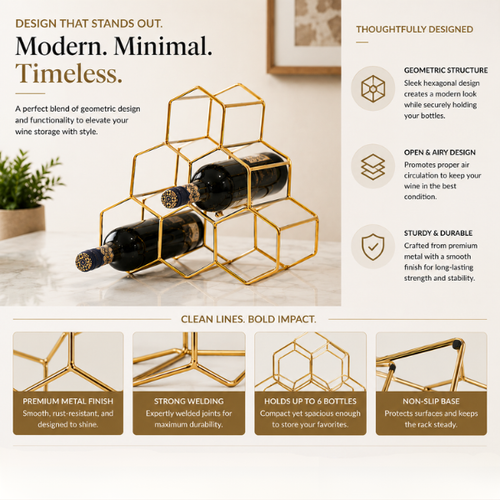 Gold Honeycomb Wine Rack | 6-Bottle Metal Wine Holder for Home Bar