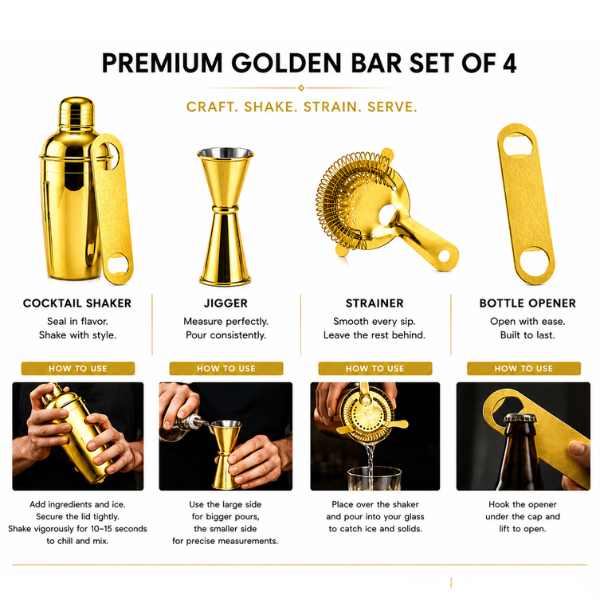 Mixology Four – Gold Cocktail Shaker Set | 4-Piece Bar Tool Set with Jigger & Strainer