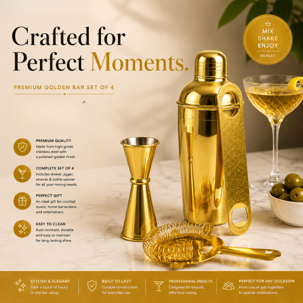 Mixology Four – Gold Cocktail Shaker Set | 4-Piece Bar Tool Set with Jigger & Strainer