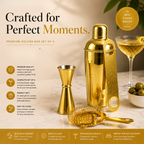 Mixology Four – Gold Cocktail Shaker Set | 4-Piece Bar Tool Set with Jigger & Strainer