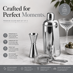 Mixology Four – Silver Cocktail Shaker Set | 4-Piece Bar Tool Set with Jigger & Strainer