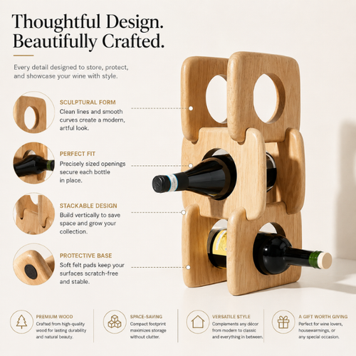 Oak Wine Rack | 3-Bottle Wooden Wine Holder for Countertop