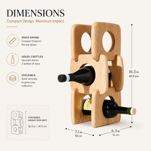 Oak Wine Rack | 3-Bottle Wooden Wine Holder for Countertop