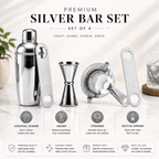 Mixology Four – Silver Cocktail Shaker Set | 4-Piece Bar Tool Set with Jigger & Strainer