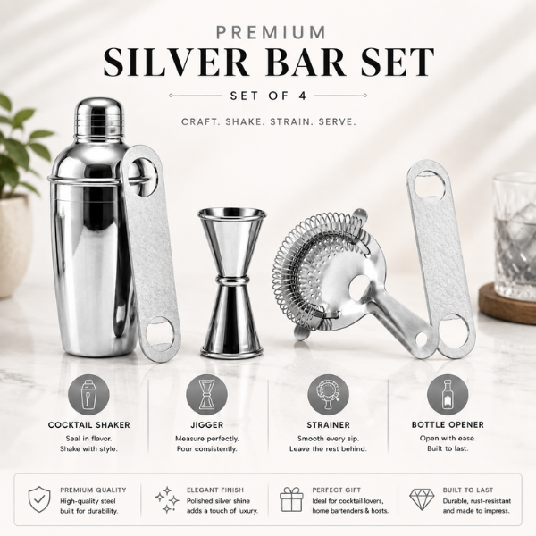 Mixology Four – Silver Cocktail Shaker Set | 4-Piece Bar Tool Set with Jigger & Strainer