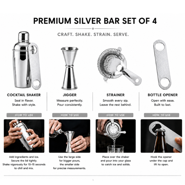 Mixology Four – Silver Cocktail Shaker Set | 4-Piece Bar Tool Set with Jigger & Strainer