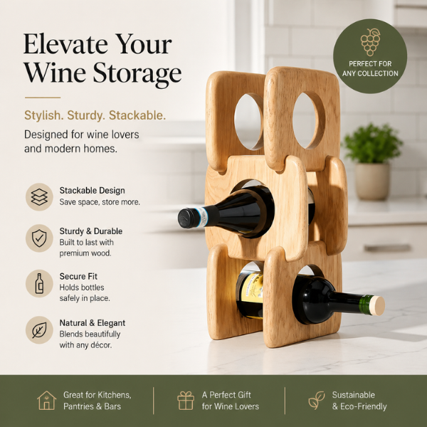Oak Wine Rack | 3-Bottle Wooden Wine Holder for Countertop